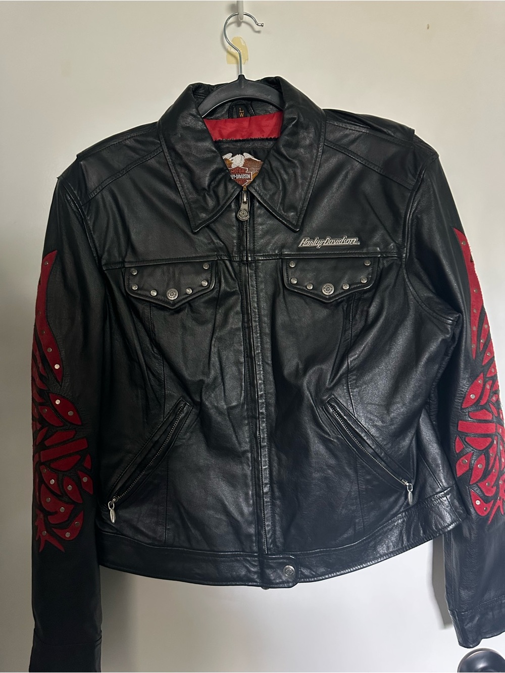 Harley-Davidson Black Leather Jacket with Red Sleeve Panels women size Medium